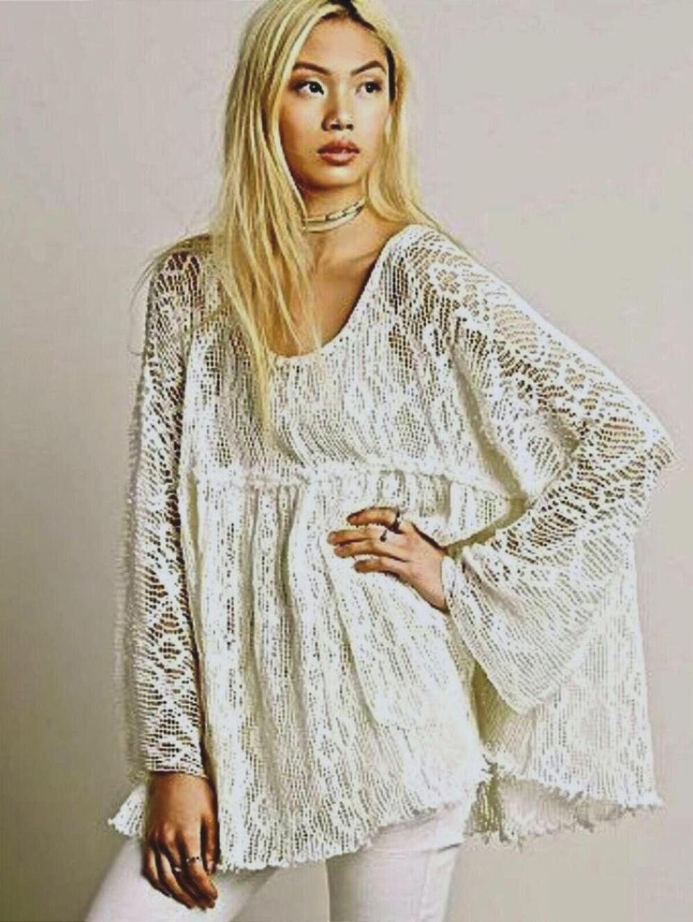 Free People Cream Oversized Lace Ripped And Torn Babydoll Tunic Top - Size - M/L